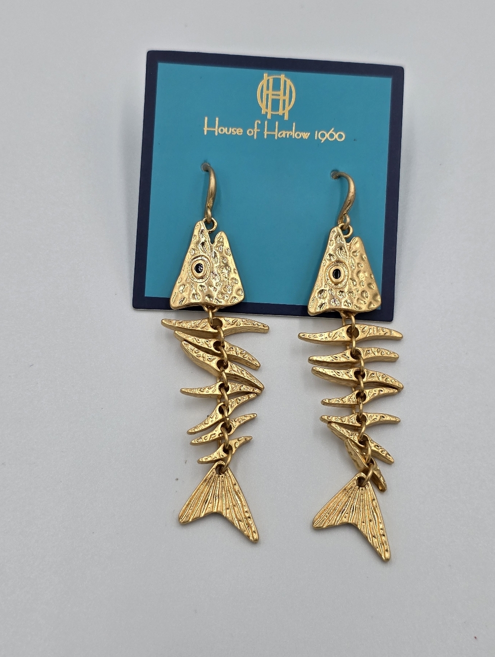 House of‎ Harlow 1960 Gold Fish Skeleton Articulated Drop Dangle Earrings - Picture 4 of 5